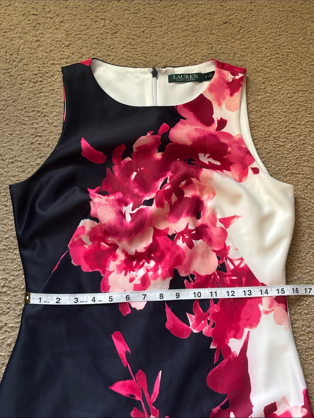 Lauren Ralph Lauren Sleeveless Navy Blue & White Dress w/ Pink Florals Size 8 - Picture 7 of 8